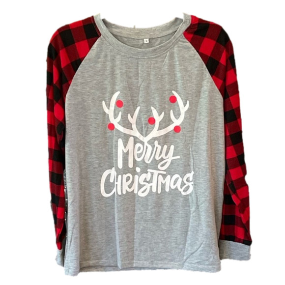 Long Raglan Sleeve (Buffalo Check) Body (Gray) Merry Christmas Antlers Tee - Picture 1 of 3